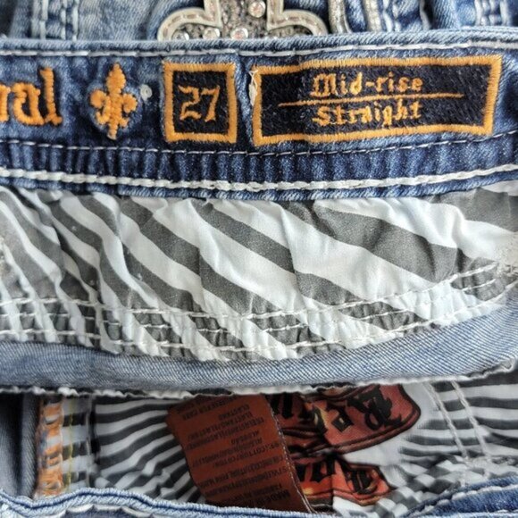 Rock Revival Vitual Pink Mid Rise Straight Patch Distressed Medium Wash Jeans 27 - Picture 15 of 16